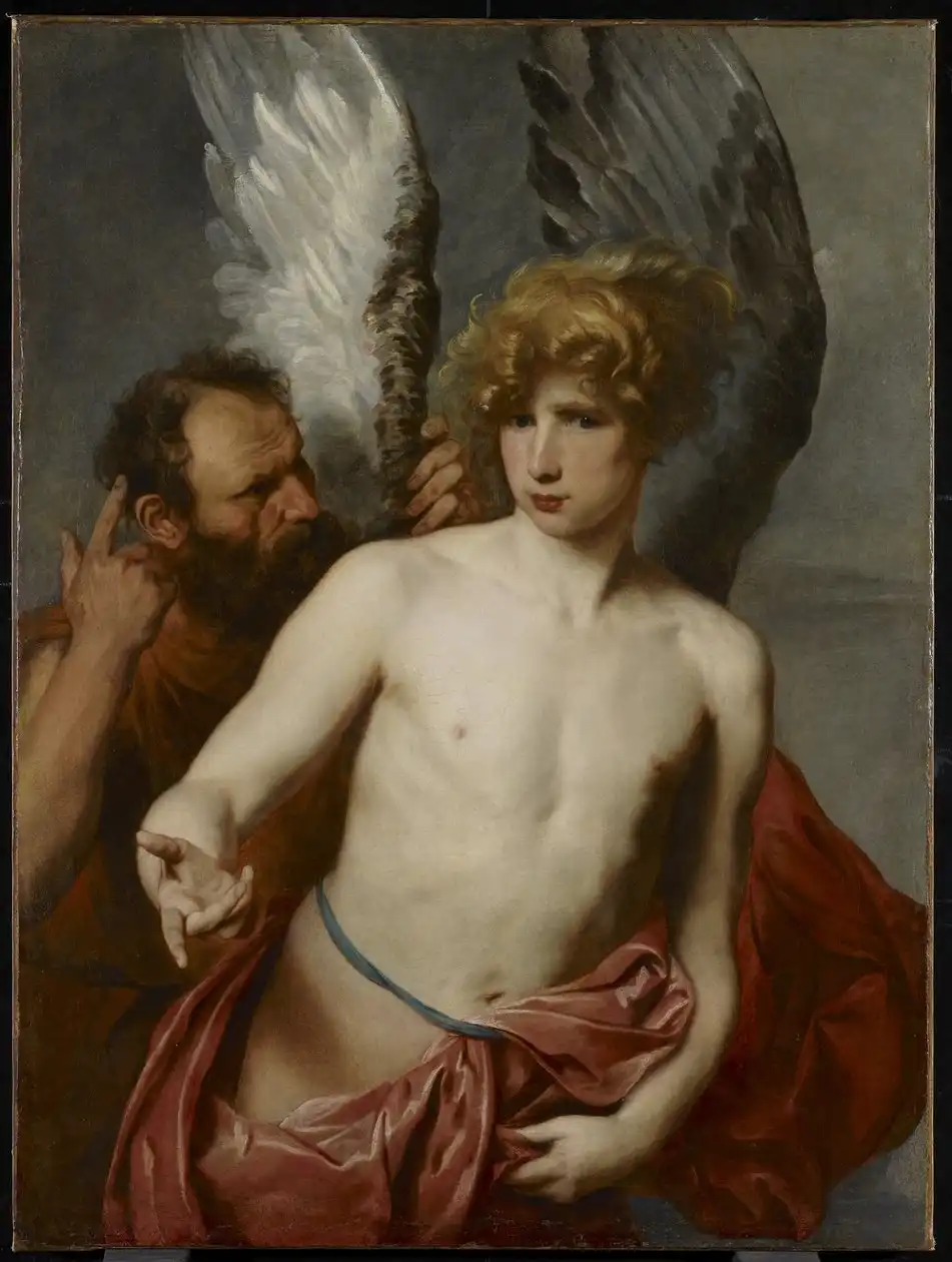Obra en la que parece que Dédalo le está explicando a su hijo cómo volar usando las alas que ha creado para huir del Laberinto de Creta Obra en la que parece que Dédalo le está explicando a su hijo cómo volar usando las alas que ha creado para huir del Laberinto de Creta